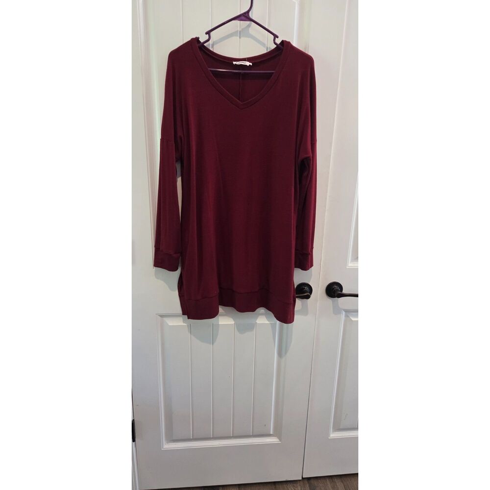 Yidarton XL Burgundy Pocketed V-Neck Oversized Tunic Top Long Sleeve